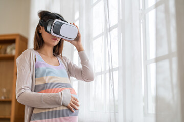 Pregnant woman use vr headset for maternity wellness tech, virtual reality, healthtech for pregnancy, online shopping for baby, modern prenatal care, digital relaxation, virtual education for mothers