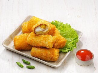 Risol Mayo or Risoles mayonnaise is a traditional roll-shaped snack that has various fillings, from ragout, eggs, to smoked beef.