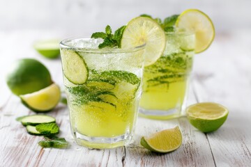 Fototapeta premium Citrusy mint cucumber drink with bubbles on a light wood surface