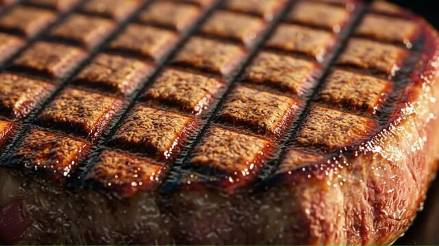 Closeup of a perfectly grilled steak with crisscross grill marks