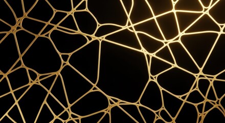 Abstract golden network of interconnected lines and shapes against a dark background.