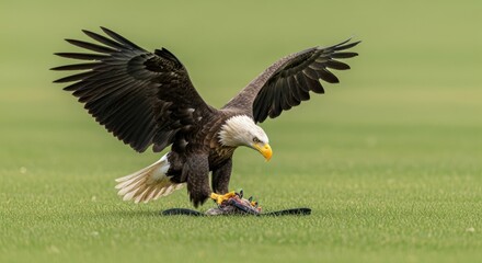 Obraz premium Bald eagle landing on green grass, talons gripping prey, wings spread wide.