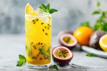 Chilled lemon and passion fruit cocktail with mint served over ice on a white table