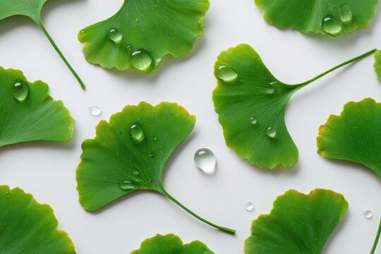 Isolated top view of ginkgo biloba leaves with a water droplet on a white background