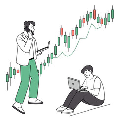 Men analyzing stock market graph on white background trading finance