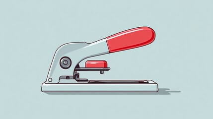 A detailed illustration showcases a metal office tool, featuring a bright red grip and staples