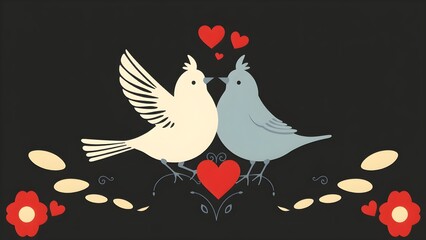 A charming illustration of two love birds and hearts
