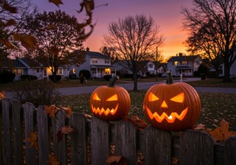 Two carved pumpkins on a fence glow brightly at dusk, ready for Halloween night.