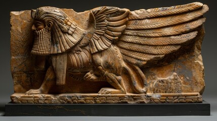 Winged lion-man sculpture, carved in stone, with beard and detailed feathers, on dark base