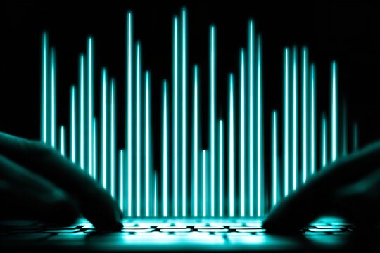 Creative hands manipulating a glowing soundwave display on a keyboard at night