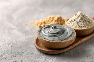 Gray clay cream and powder in a bowl on a wooden tray bentonite facial mask Skincare concept Top view