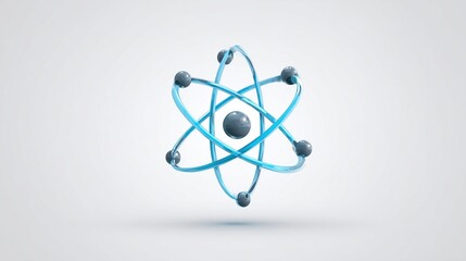 Atom with blue orbits & gray spheres against a gradient white background