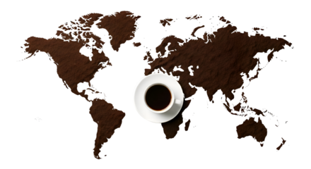 Coffee Cup Sits on World Map Made of Coffee Grounds on Transparent Background