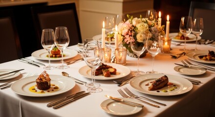 Elegant candlelit dinner table set for a romantic meal, featuring gourmet food and fine wine glasses.