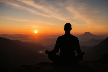 Silhouette of a meditating man at sunrise, Sunrise meditation: Finding inner peace amid the mountain scenery