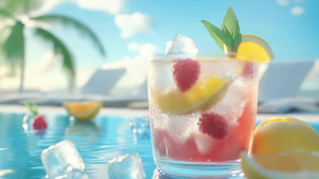 Refreshing raspberry lemonade beverage by the pool on a sunny summer day paradise