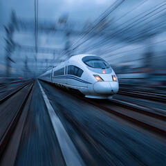 Modern train at high speed with among urban landscape., High speed bullet train speeding with urban landscape.