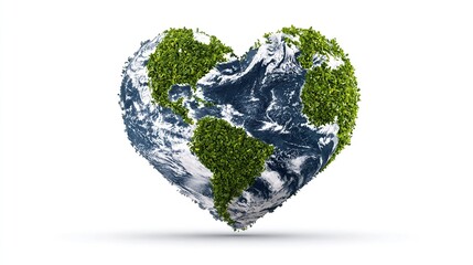 A heart-shaped Earth, predominantly blue with green vegetation clustered across its surface, particularly the landmasses, against a stark white backdrop.  It casts a subtle shadow