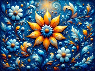 A captivating floral design with swirling patterns in blue and orange.