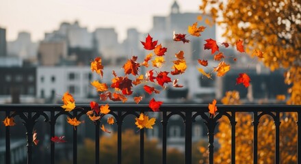 Autumn leaves dance on a city balcony, a blurred cityscape backdrop.