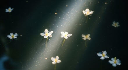 Delicate white flowers floating on a dark, reflective water surface, illuminated by light.
