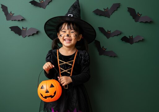 A happy child dressed in a witch costume celebrates Halloween with a pumpkin pail.