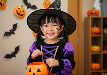 A cute little girl dressed in a witch costume is ready for Halloween.