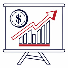 Presentation board with rising graph and dollar coin upward arrow financial growth