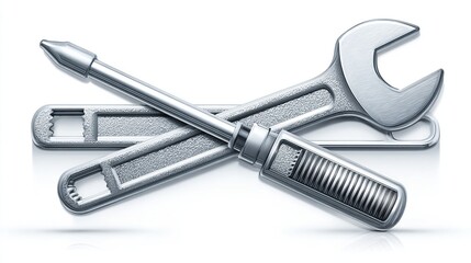 Metallic hand tools, a slotted screwdriver, open-end wrench, and a slotted bar, on a reflective surface