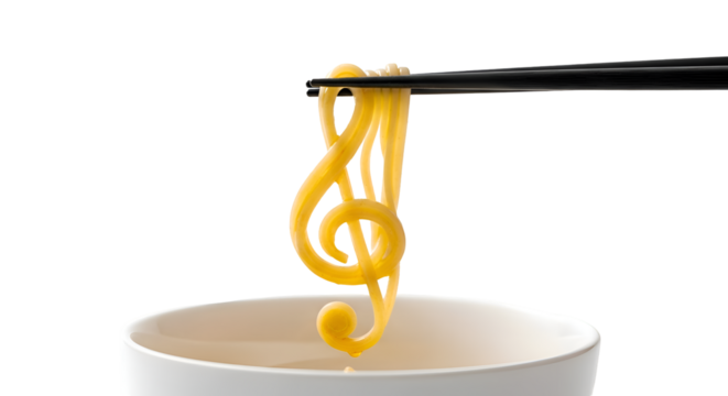 Noodles Form a Treble Clef Held by Chopsticks above Bowl on Transparent Background