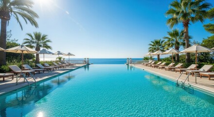 Luxurious resort pool overlooking a tranquil ocean, sun-drenched loungers and palm trees creating a serene vacation scene.