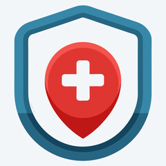 Red medical cross location pin inside blue shield medical alert red cross