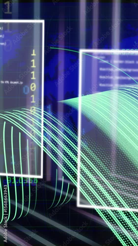 Poster animation of binary coding and data processing over network of connections