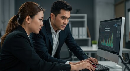 Business professionals analyzing data on computer screen, teamwork, collaboration, market research, financial analysis