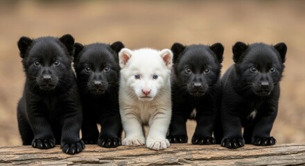Five bear cubs, four black and one white, sit side-by-side on a log, looking directly at the viewer.