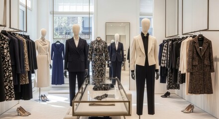 Modern women's clothing boutique interior showcasing elegant suits, dresses, and coats displayed on mannequins.