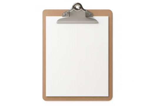 Blank white paper clipboard resting on transparent surface, ready for professional documentation or note-taking purposes