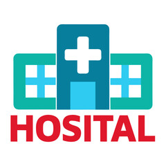 Teal and blue hospital building with white cross and red text medical healthcare