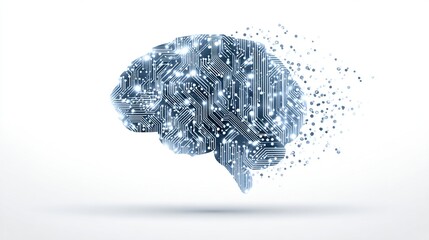 Brain-shaped circuit board transforming into sparkling particles against white backdrop