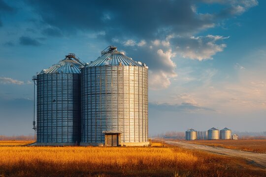 Grain storage silos against a blue sky with rice fields