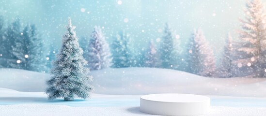 Snowy winter forest scene with podium; product display