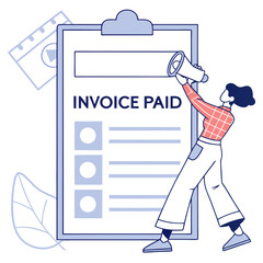 Woman announcing invoice paid with megaphone announcement