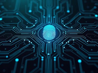 Futuristic digital fingerprint scanning technology concept with glowing biometric data and cybersecurity network on circuit board background