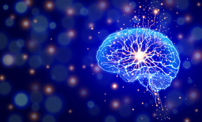 A modern technological illustration of the human brain and nervous system structure using geometric shapes arranged on a dark blue background. Used in medicine, scientific, advertising, commercial and