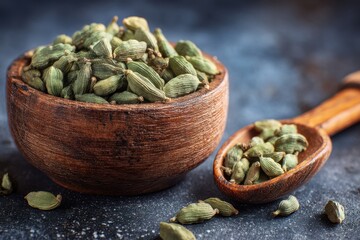 Green cardamom in a wooden bowl with a spoon Dried spice Close up of seeds