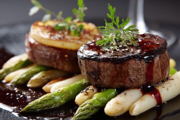 Tournedos Rossini Foie gras Black Angus tenderloin white asparagus red wine sauce a delectable dish presented at a modern gourmet lunch spot
