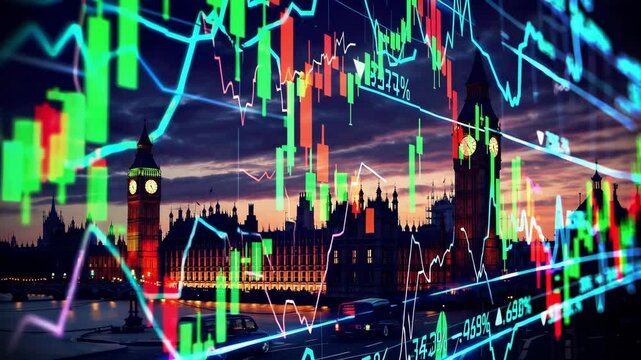 United Kingdom stock market, which is depicted as a combination of typical United Kingdom features and a stock chart