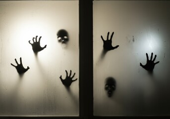 Eerie silhouettes of hands and skulls create a chilling Halloween scene behind frosted glass.