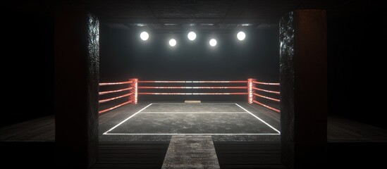 Empty boxing ring, dark arena, spotlights, fight