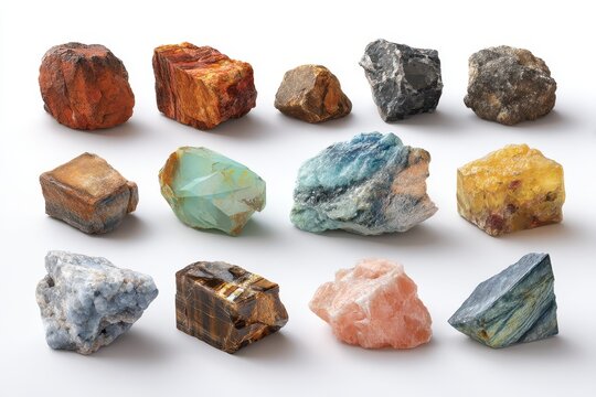 Collection of separate minerals and rocks including iron ore sandstone apatite quartz bauxite phosphorite magnetite gypsum agate asbestos marble corundum kaolin marlstone and m